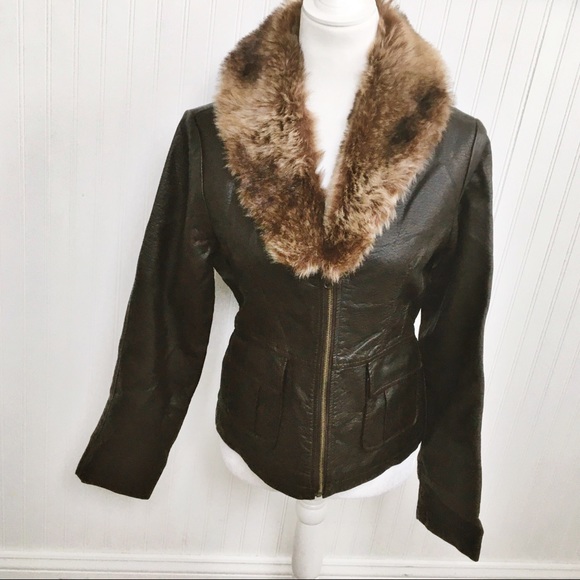 ambition Jackets & Blazers - Ambition Brown Faux Leather Fur Trim Jacket Small